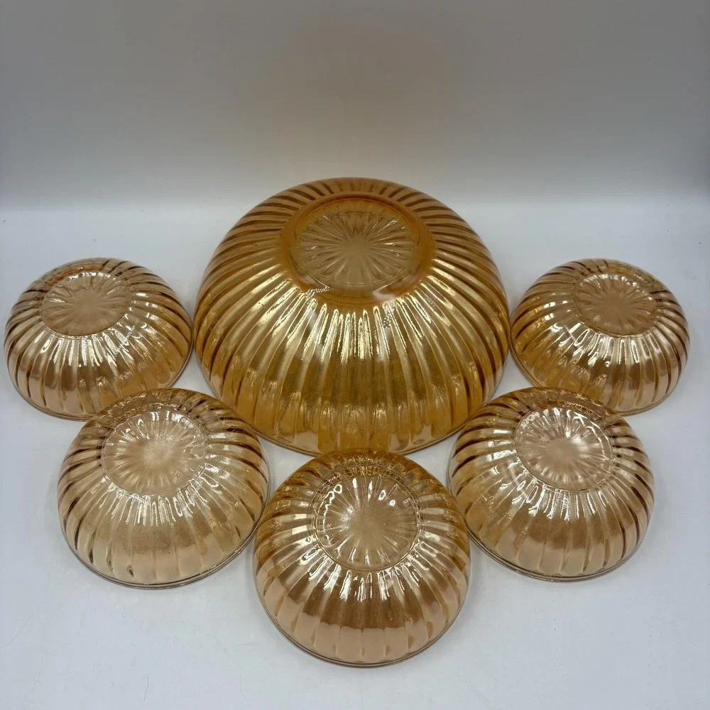 Gold Carnival Glass Salad Serving Bowl Set Ribbed‎ Art Deco 6 Piece Unmarked